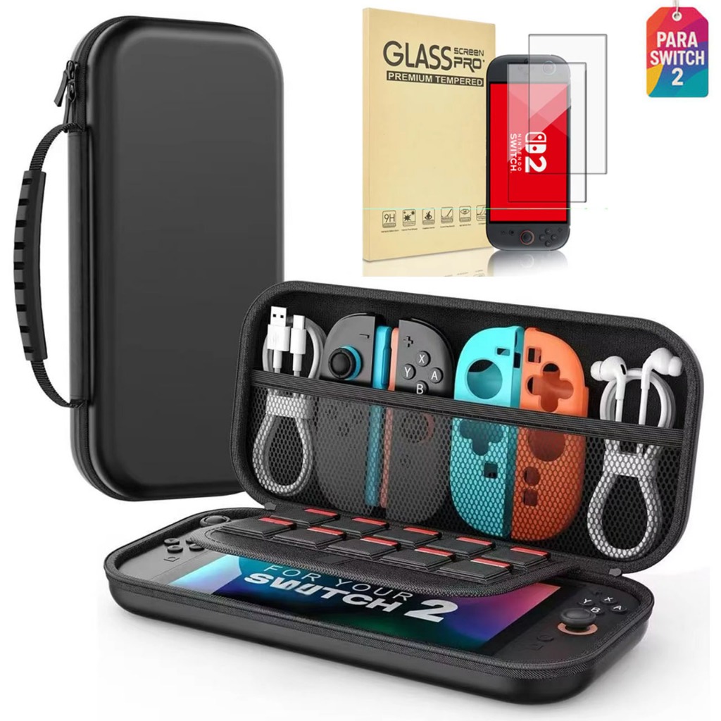 Case Nintendo Switch 2 EVA Preto Com Alça De Mãe + 2 Películas De Vidro Temperado