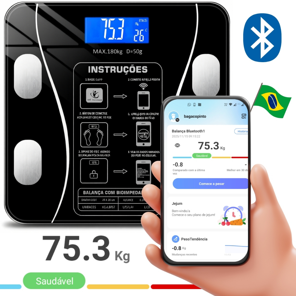 Balança Bioimpedância Digital Corporal Aplicativo Bluetooth 180kg MBFit em Oferta na Shopee