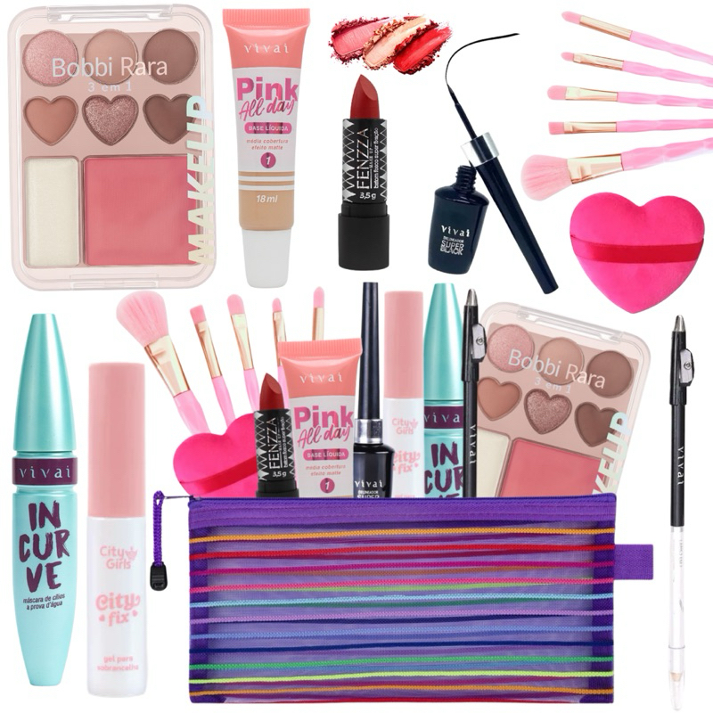 Kit Maquiagem Completo 14 Itens Sombra Blush Iluminador Pincéis Base Esponja Rimel Lápis Delineador Batom