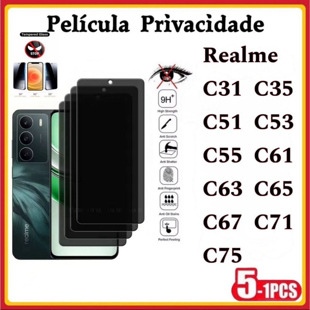 Película Privacidade 3D Vidro Temperado Anti Spy Realme C75 C71 C67 C65 C63 C61 C55 C53 C51 C35 C31 em Oferta na Shopee