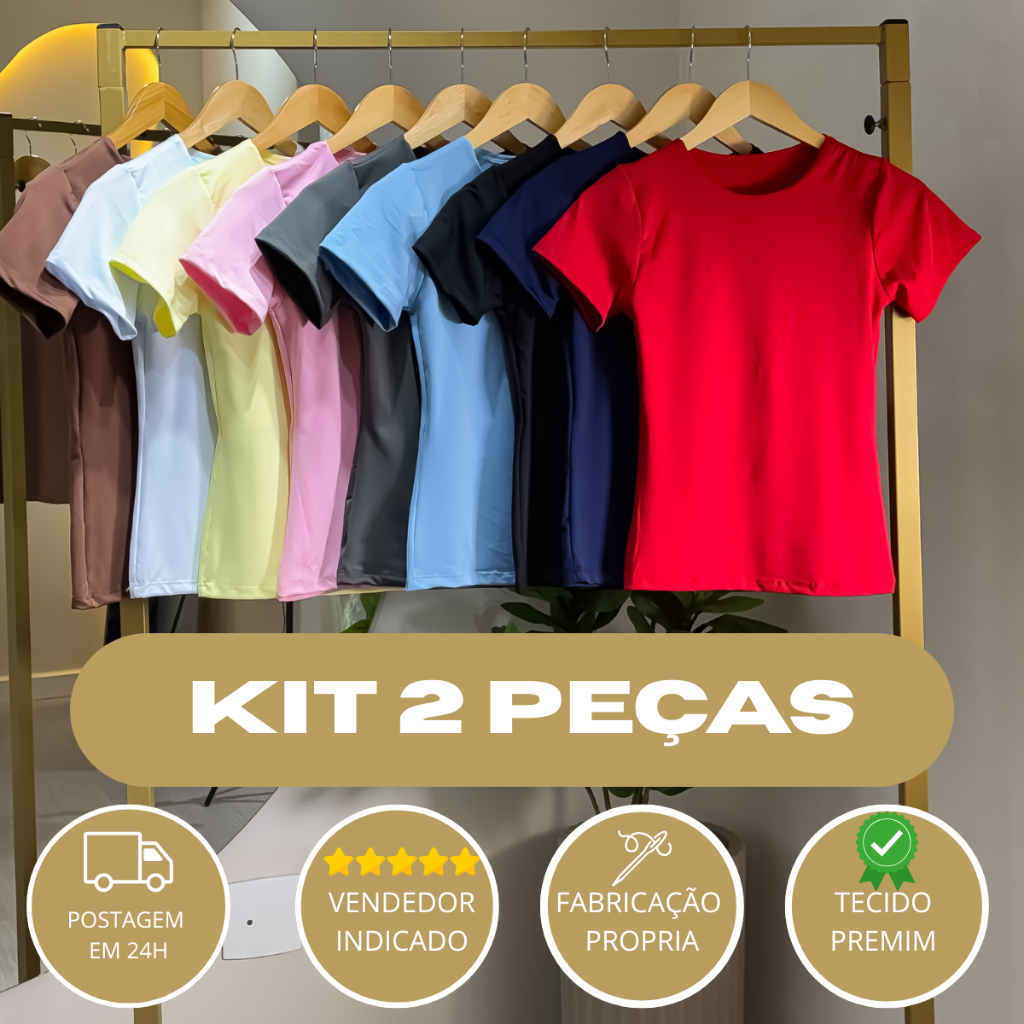 KIT COM 2 BLUSINHA BABY LOOK MANGA CURTA COM FORRO FRONTAL VERÃO TENDÊNCIA BASICA NO TECIDO SUPLEX