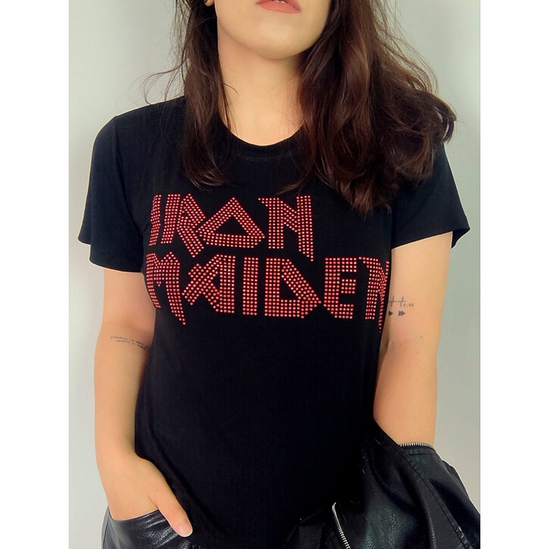 T-shirt Feminina Iron Maiden em Strass em Oferta na Shopee