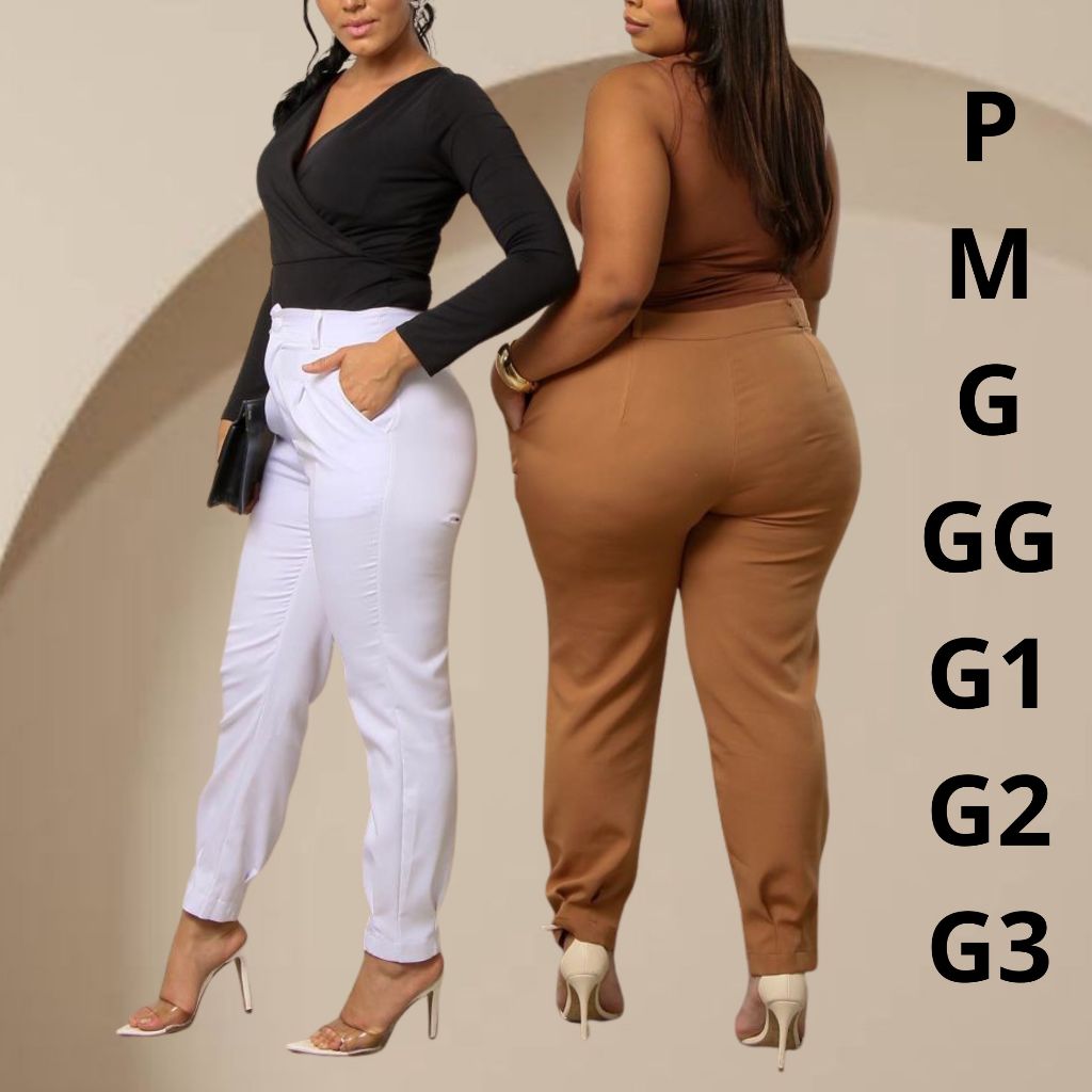 Calça Plus Calça Cenoura Feminina Calça Alfaiataria Cintura Alta Calça Elegante Barra Pence em Oferta na Shopee