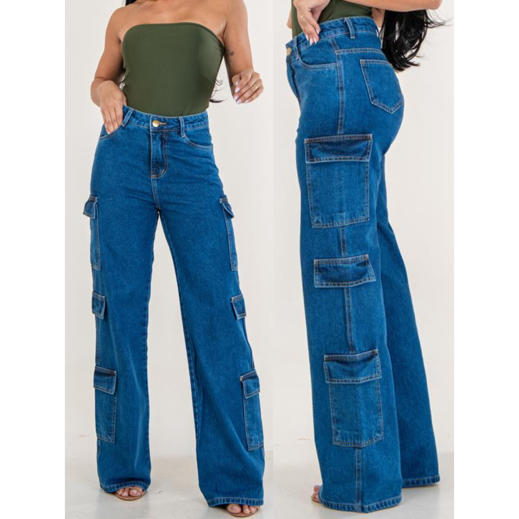 Calça Cargo Jeans moda Feminina Wide Leg 6 Bolsos lateral perna confortavel Pantalona  Cintura Alta moda Street Premium