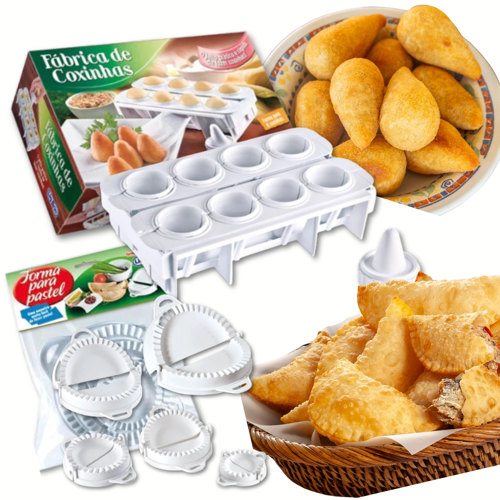 Kit Salgadinhos Forma Coxinha 8 Cavidades + 5 Moldes de Pastel - Plástico Atóxico Útensilio Pratico