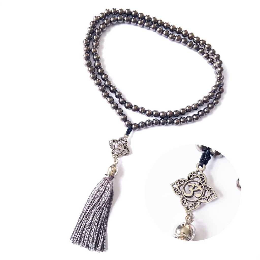 Imagem Japamala 108 Contas Pérola Grafite Com Pingente Símbolo Om Rosário Budista Meditação Ref:806