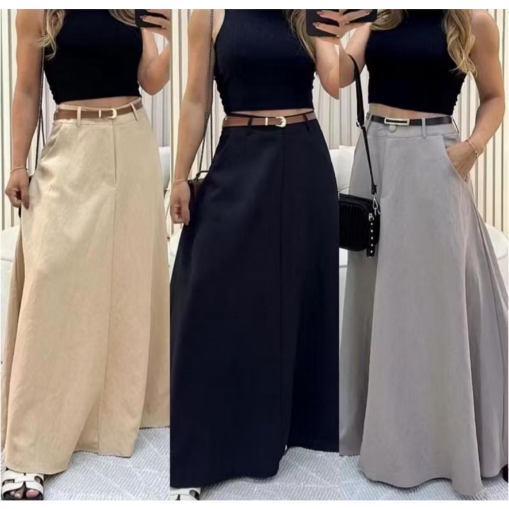 Saia Longa Rodada Feminina Alfaiataria Moda Evangélica Casual Básica Inverno Cintura Alta Elegante Tendência  com bolso