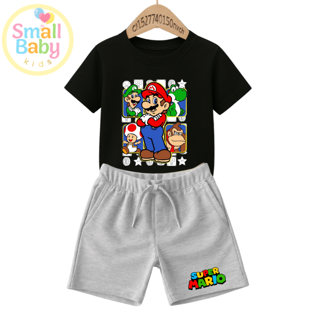 Conjunto Infantil Camiseta e Short Moletinho Estampado Super Mario Amigos Tendência Minimalista