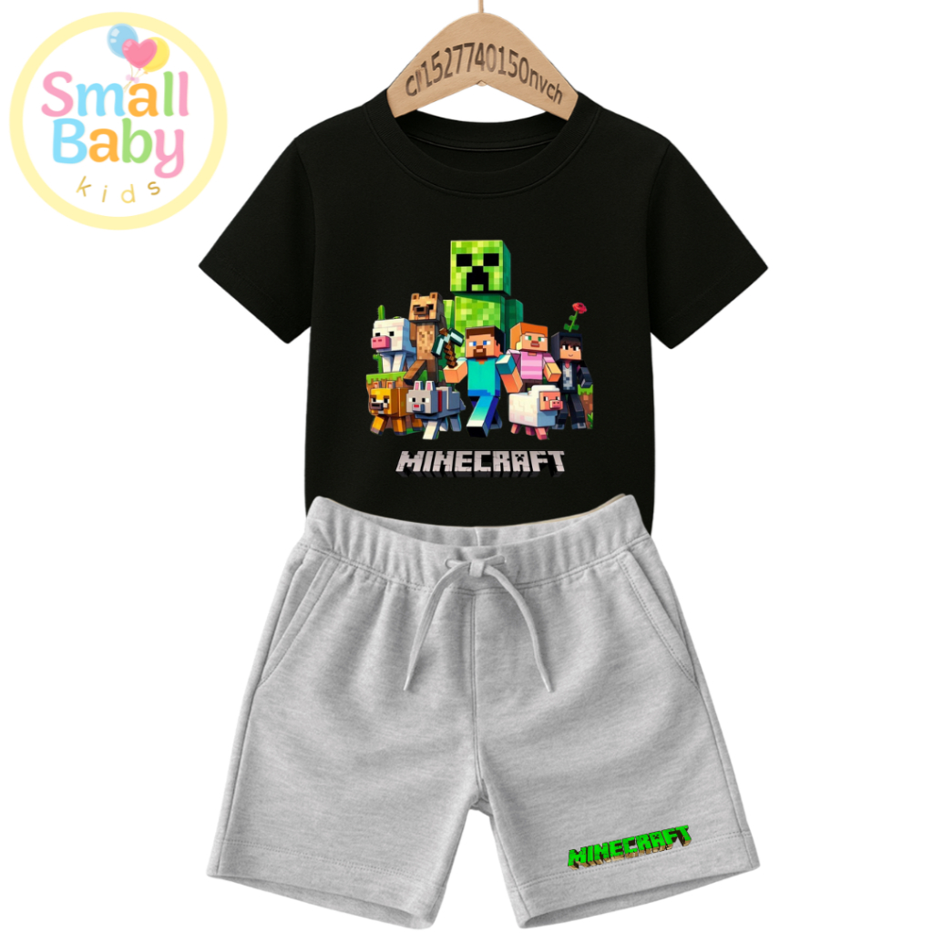 Conjunto Infantil Camiseta e Short Moletinho Minwcraft Jogo VideoGame Tendência Minimalista