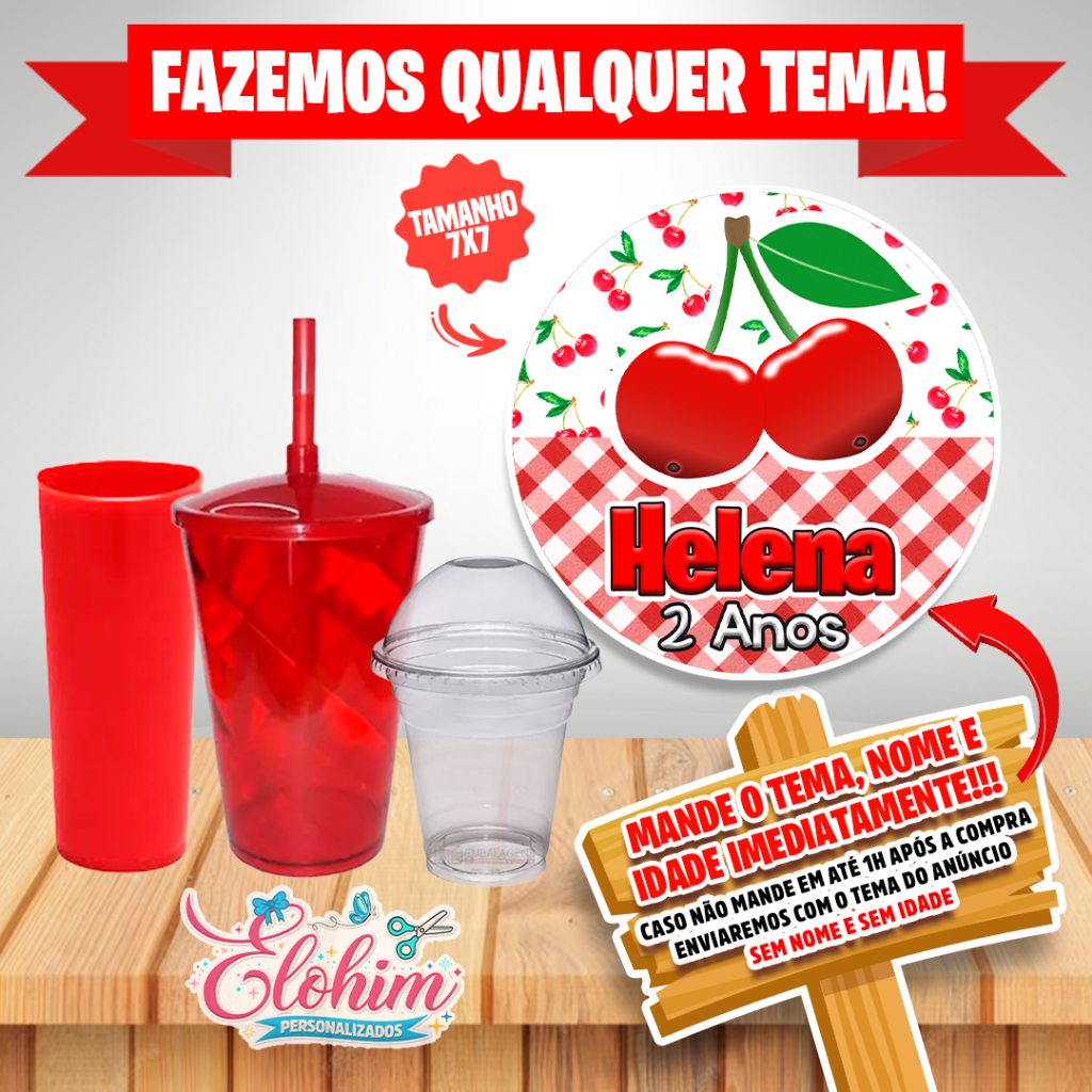 Rótulo Adesivo para personalizar Copo Long Twister  Adesivo 7x7- Cereja / Cerejinha