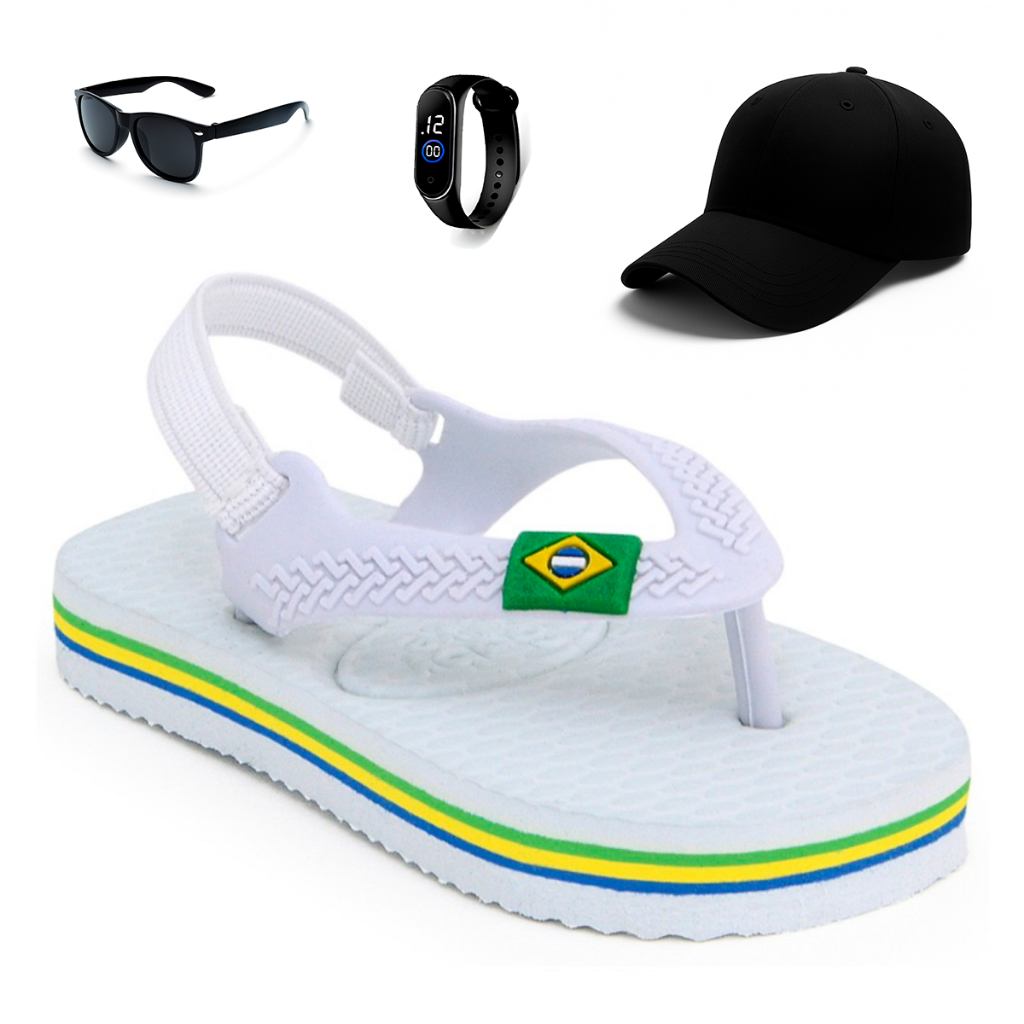 Kit Chinelo Infantil Bebê Menino Com Elástico + Boné + Relógio + Óculos