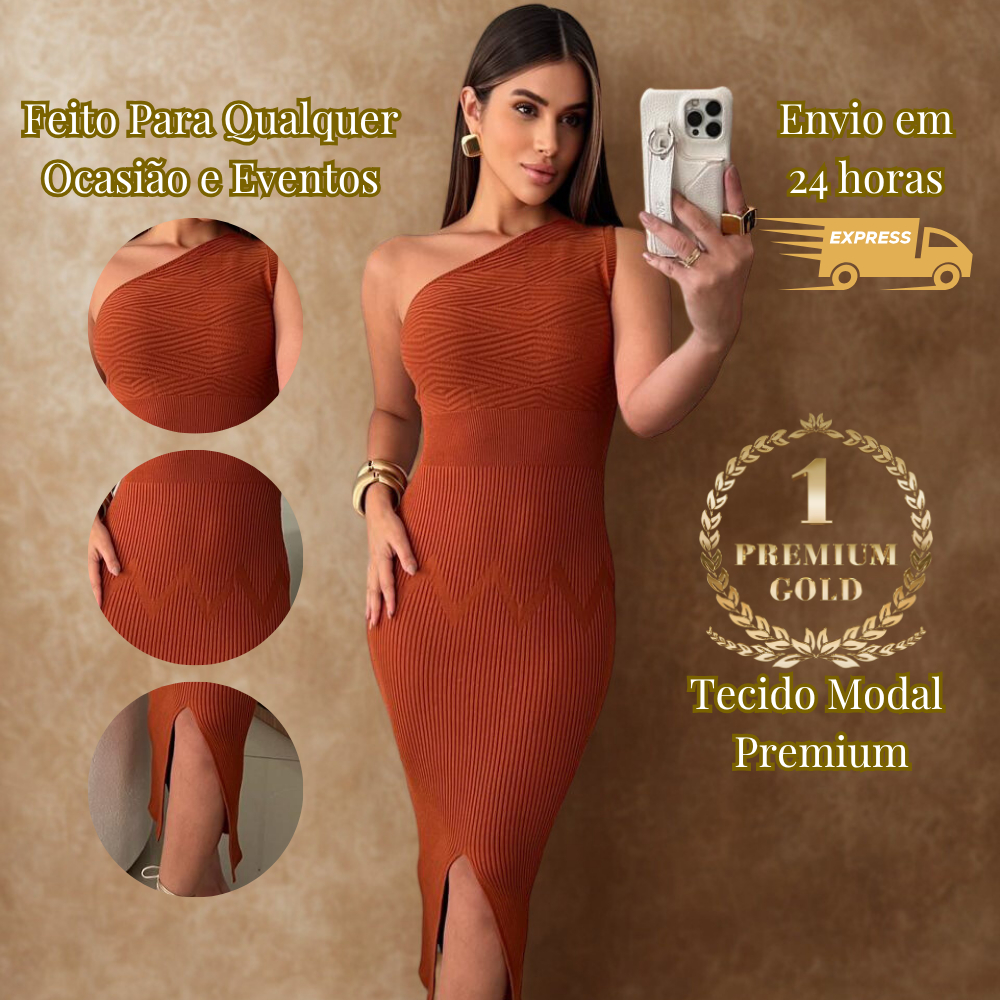 Vestido Feminino Midi Tricô Modal Alça Única Fenda Versátil Verão Festas Casamento Réveillon
