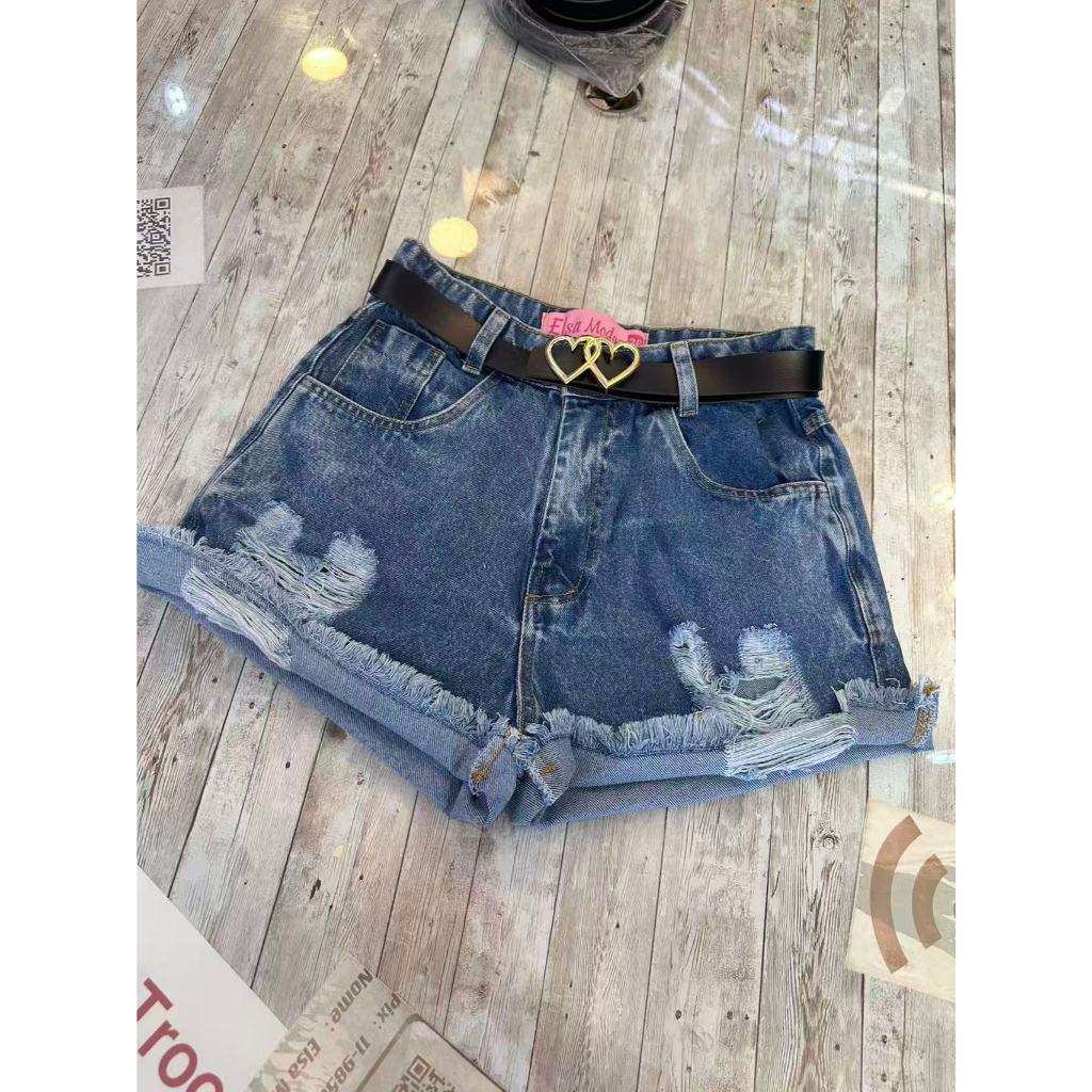 Short jeans com cinto Rasgado Destroyed Cintura Alta rasgada feimininas moda Rasgado Destroyed
