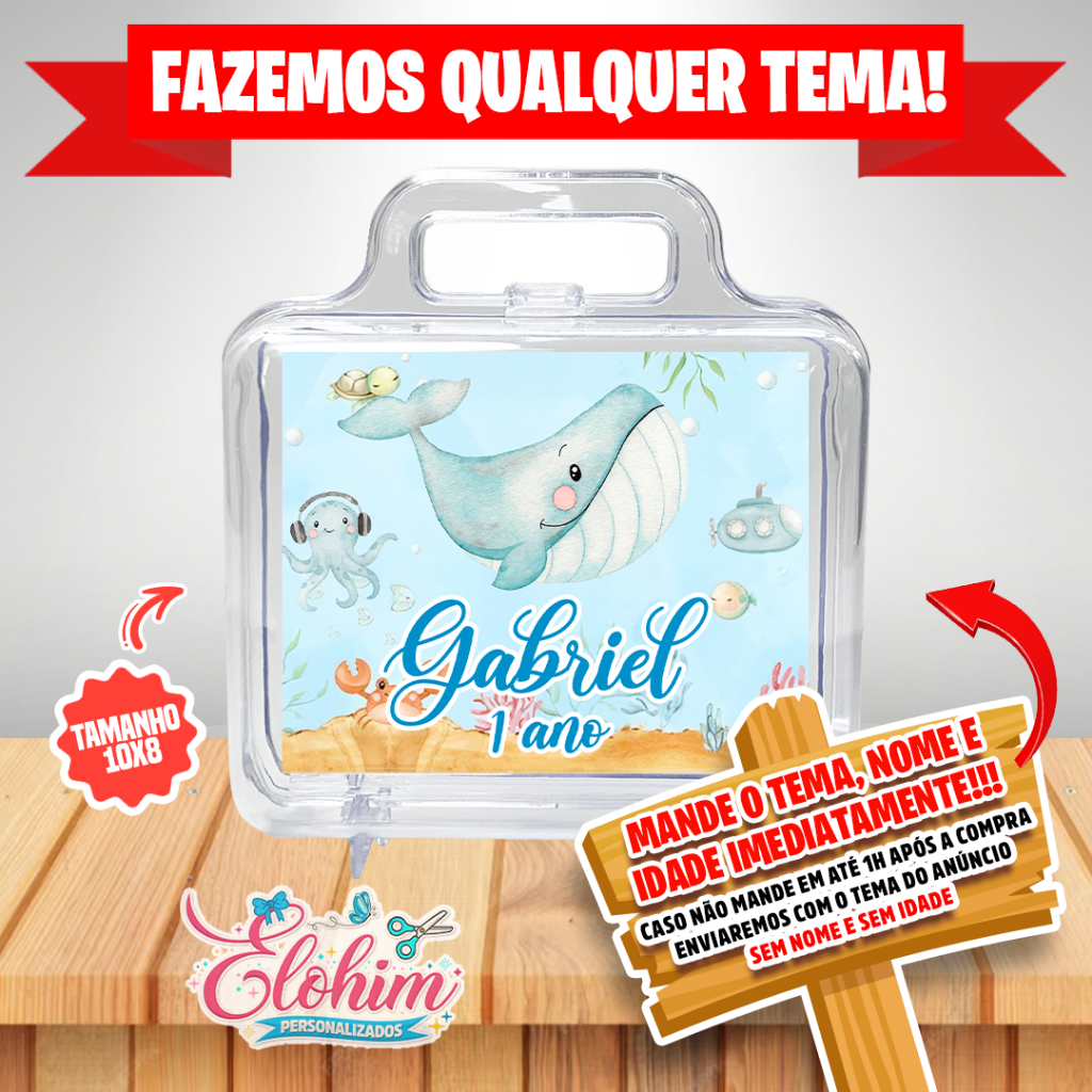 Rótulo Adesivo para personalizar Maletinha de acrílico Tamanho do adesivo 10x8 - Fundo do Mar Aquarela Menino