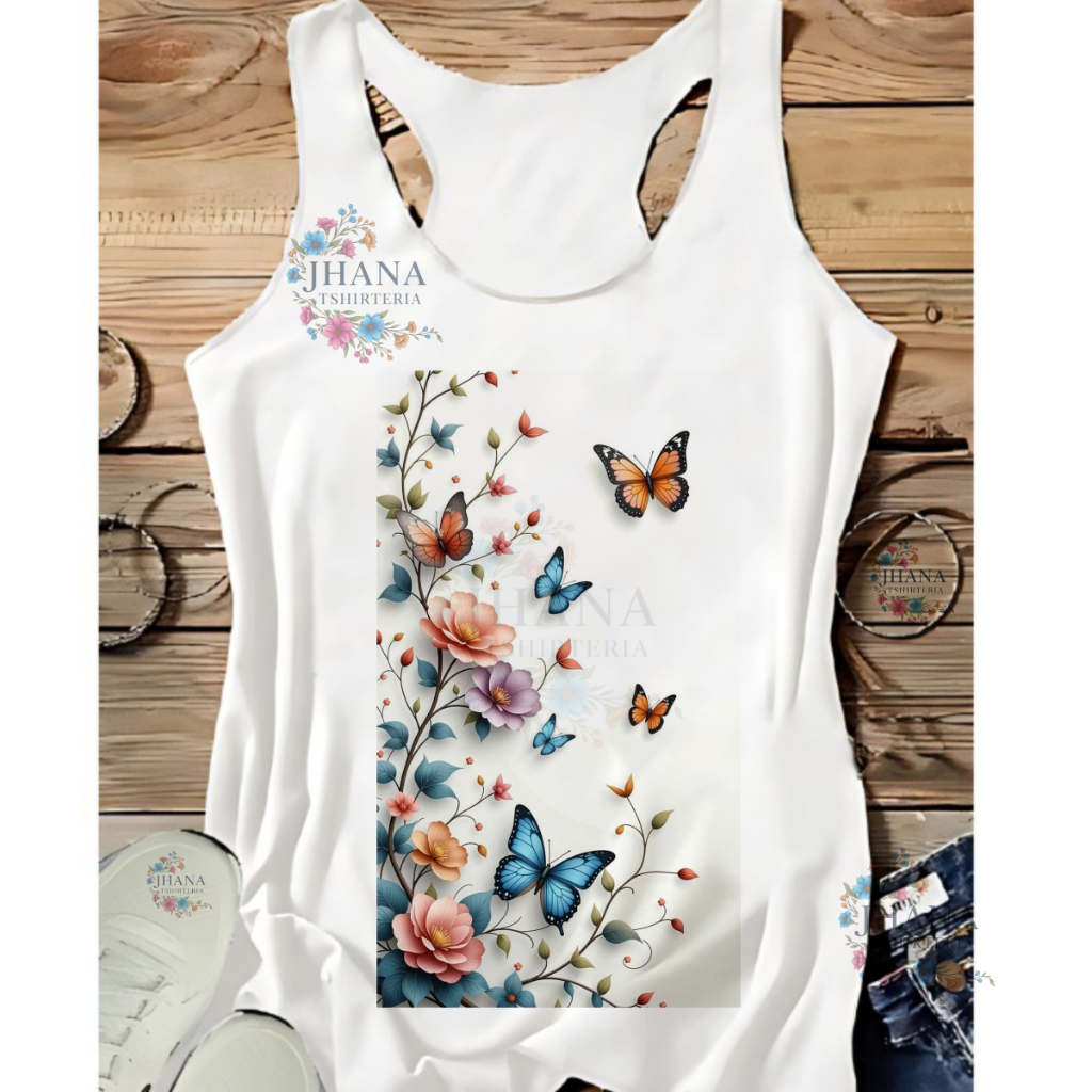 Regata criativa FLORES E BORBOLETAS,ACADEMIA,MODA FITNES,MULHER MAROMBA,moda plus size em Oferta na Shopee