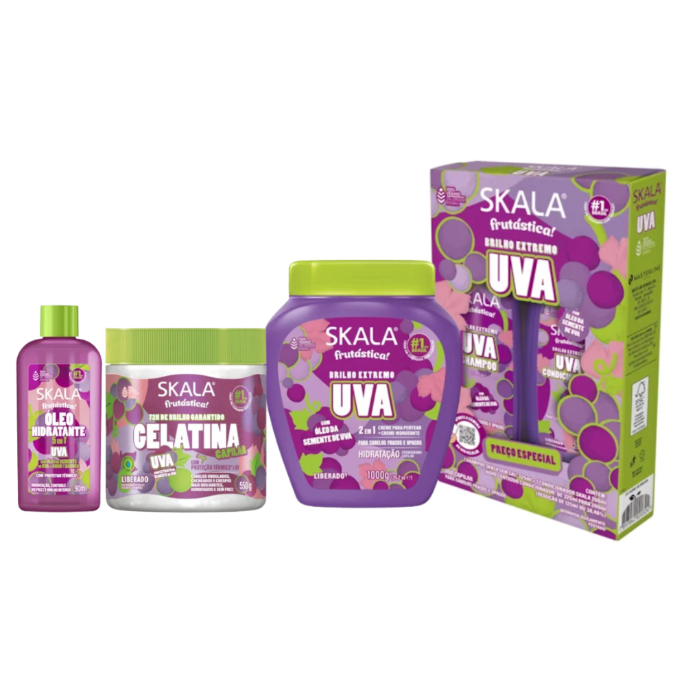 Kit Skala Frutástica Uva Potão 1kg + Shampoo 325ml e Condicionador 200ml + Gelatina 550g + Óleo 90ml