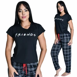 Pijama Longo Feminino Manga Curta Friends Confortavel Barato Malha Macia