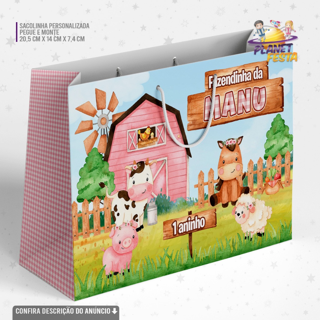 Sacolinha Personalizada Fazendinha Rosa Aquarela Lembrancinha Festa Infantil