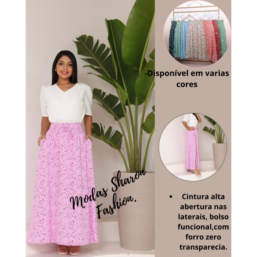 SAIA LONGA  ESTAMPADA, COM BOLSO, E FENDAS NAS LATERAIS CINTURA ALTA USO EVANGELICA SOCIAL. TENDENCIA 2026 em Oferta na Shopee