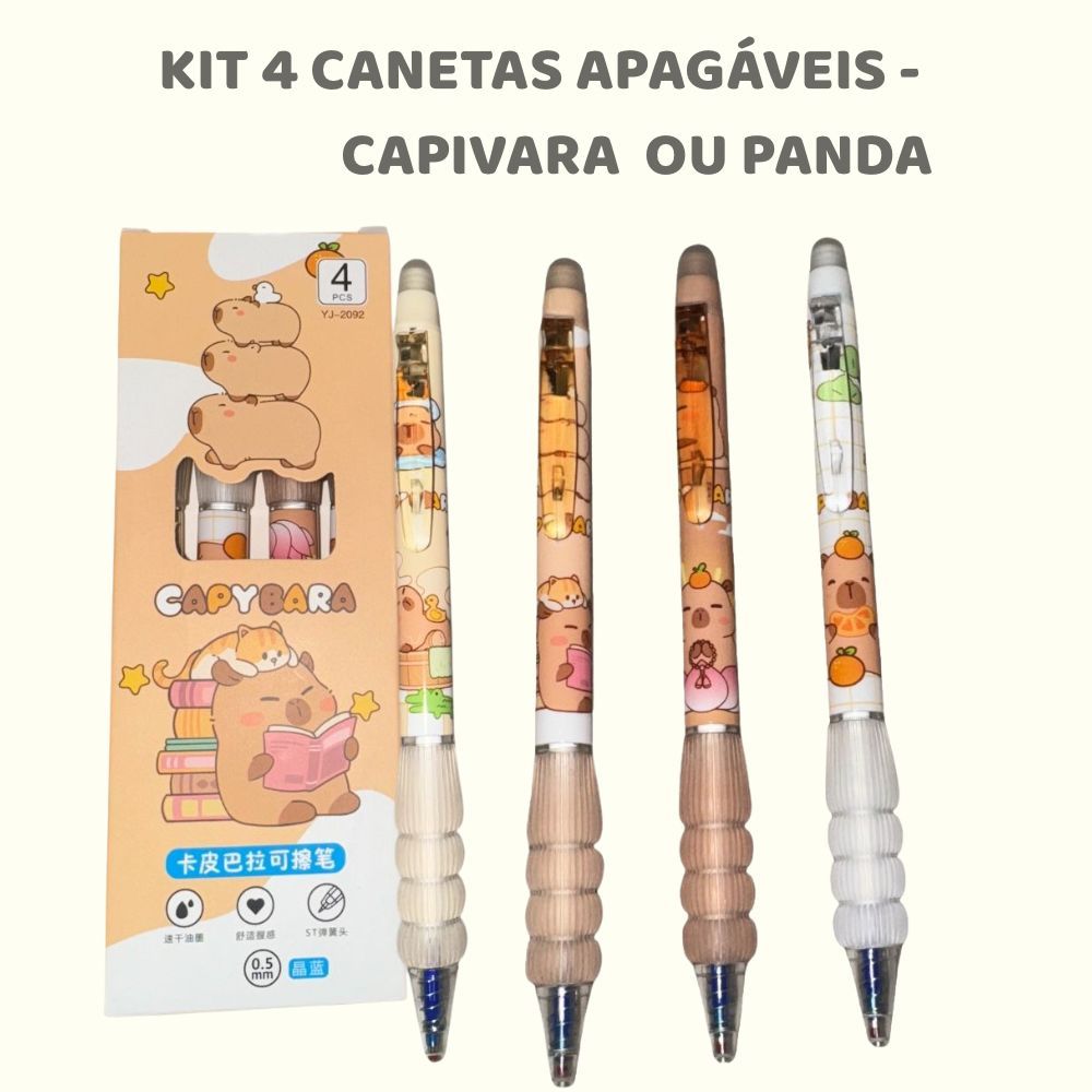 Kit 4 Canetas Apagáveis ou 1 peça  Cute 0.5mm | Fofas Panda e Capivara | Estudo, Escola, Resumos, Bullet Journa