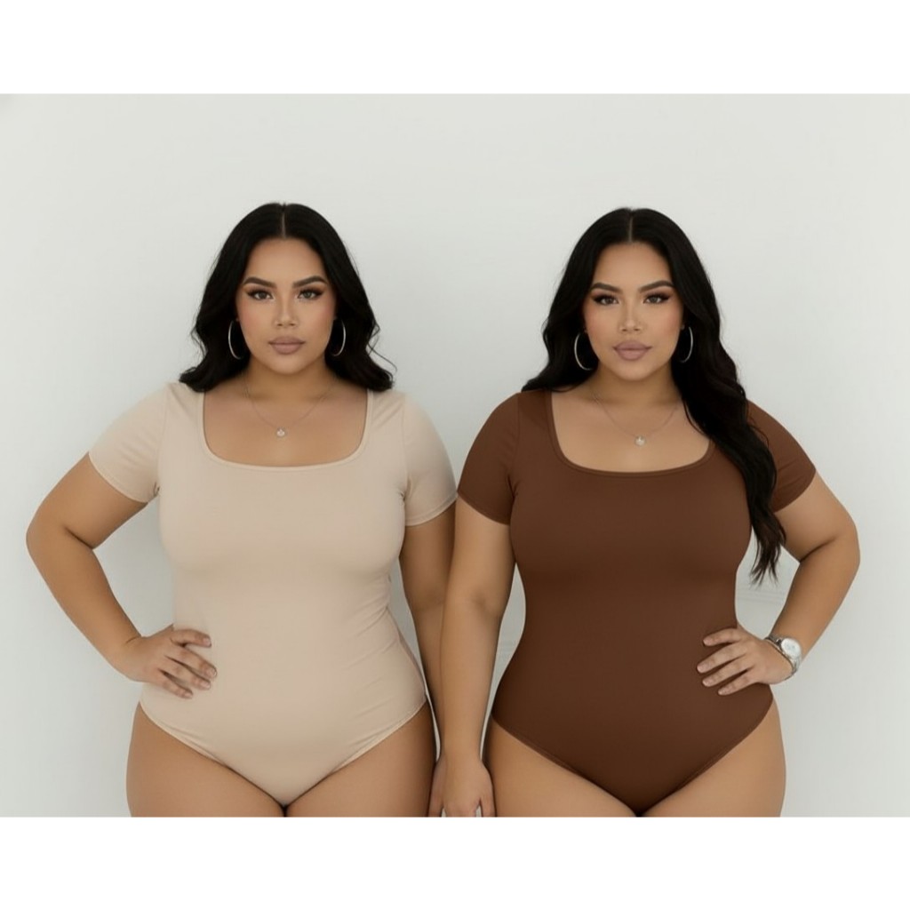 2-Body Feminino Manga Curta Com Fecho Decote Qradrado Pluz Size