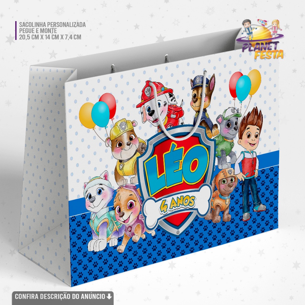 Sacolinha Personalizada Patrulha Canina Aquarela Lembrancinha Festa Infantil