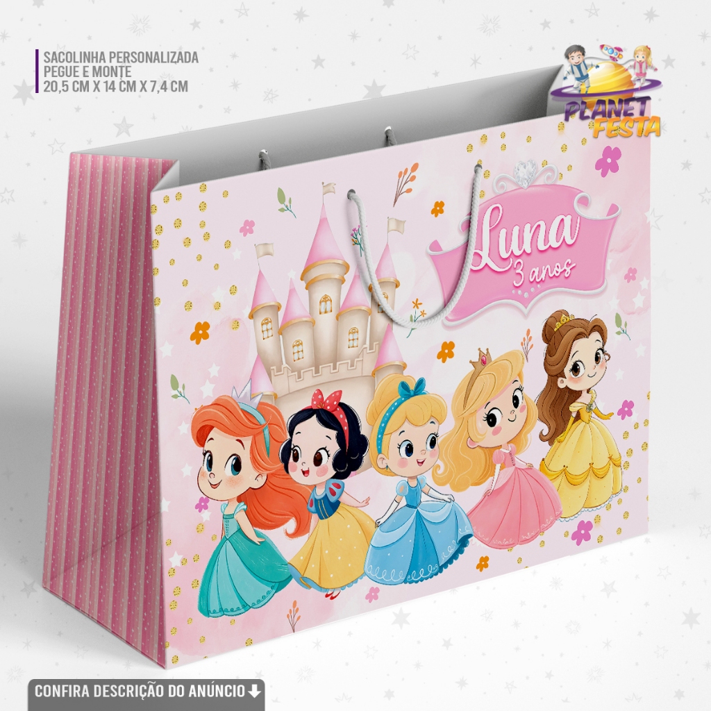 Sacolinha Personalizada Princesas Cute Disney Lembrancinha Festa Infantil
