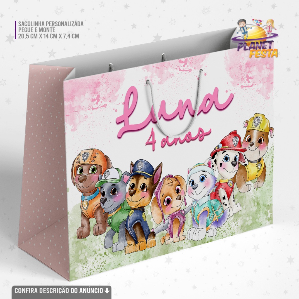 Sacolinha Personalizada Patrulha Canina Aquarela Rosa Lembrancinha Festa Infantil