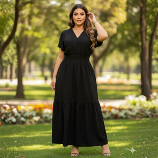 Vestido Feminino Longo Gola V Manga Curta Fresco Seca Rapido Não Amassa Versatil e Elegante Promoção em Oferta na Shopee