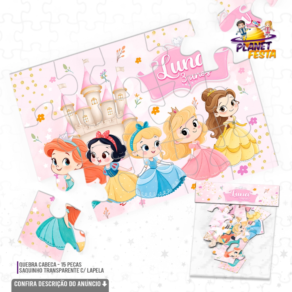 Quebra-Cabeça Personalizado Princesas Cute Principes Disney | Lembrancinha de Aniversário 15 Peças
