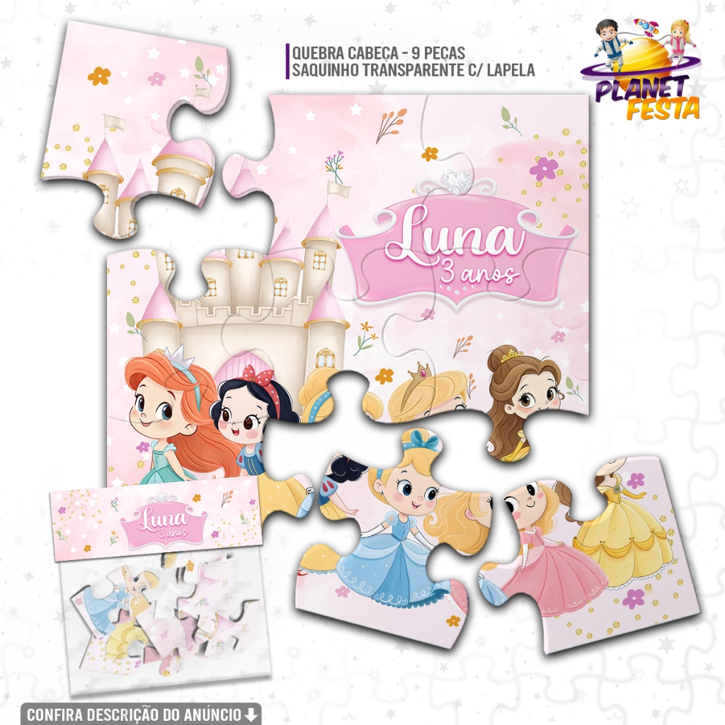 Quebra-Cabeça Personalizado Tema Princesas Cute Principes Disney | Lembrancinha de Aniversário 9 Peças