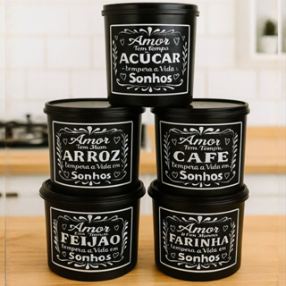 Kit 5 Potes de Mantimentos Plástico Decorado Preto Frases Grande Resistente em Oferta na Shopee