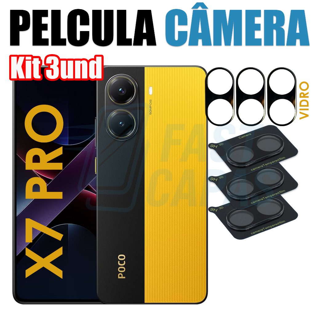 Kit 3 Película Câmera Xiaomi Poco X7 Pro 5G Vidro Temperado 3D Protetor Lente Traseira + Kit Limpeza