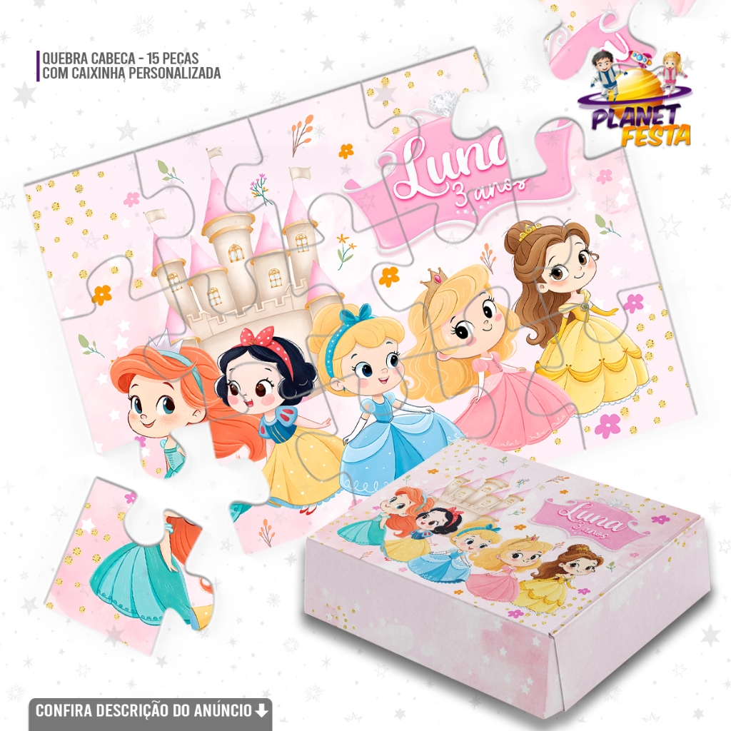 Quebra-Cabeça com Caixinha Personalizada Princesas Cute Principes Disney | Lembrancinha de Aniversário 15 Peças