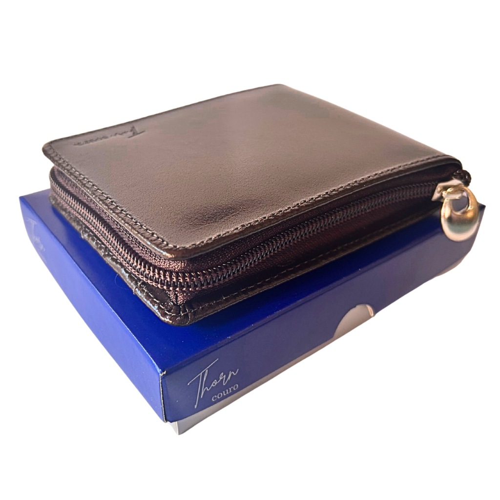 Carteira de couro masculina com ziper organiza documento slim moderna presente pai namorado natal em Oferta na Shopee