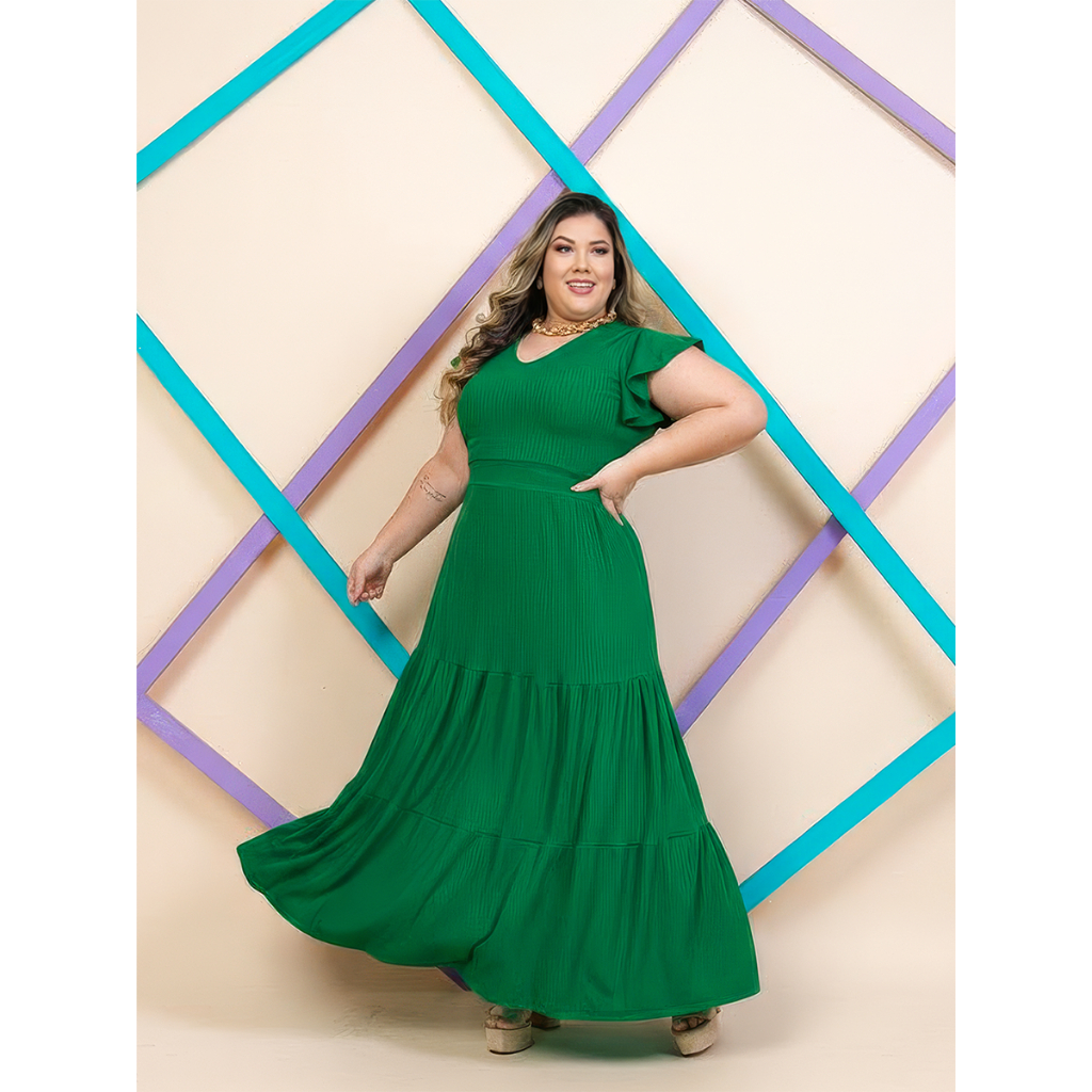 Vestido Longo Feminino Plus Size Manga Godê