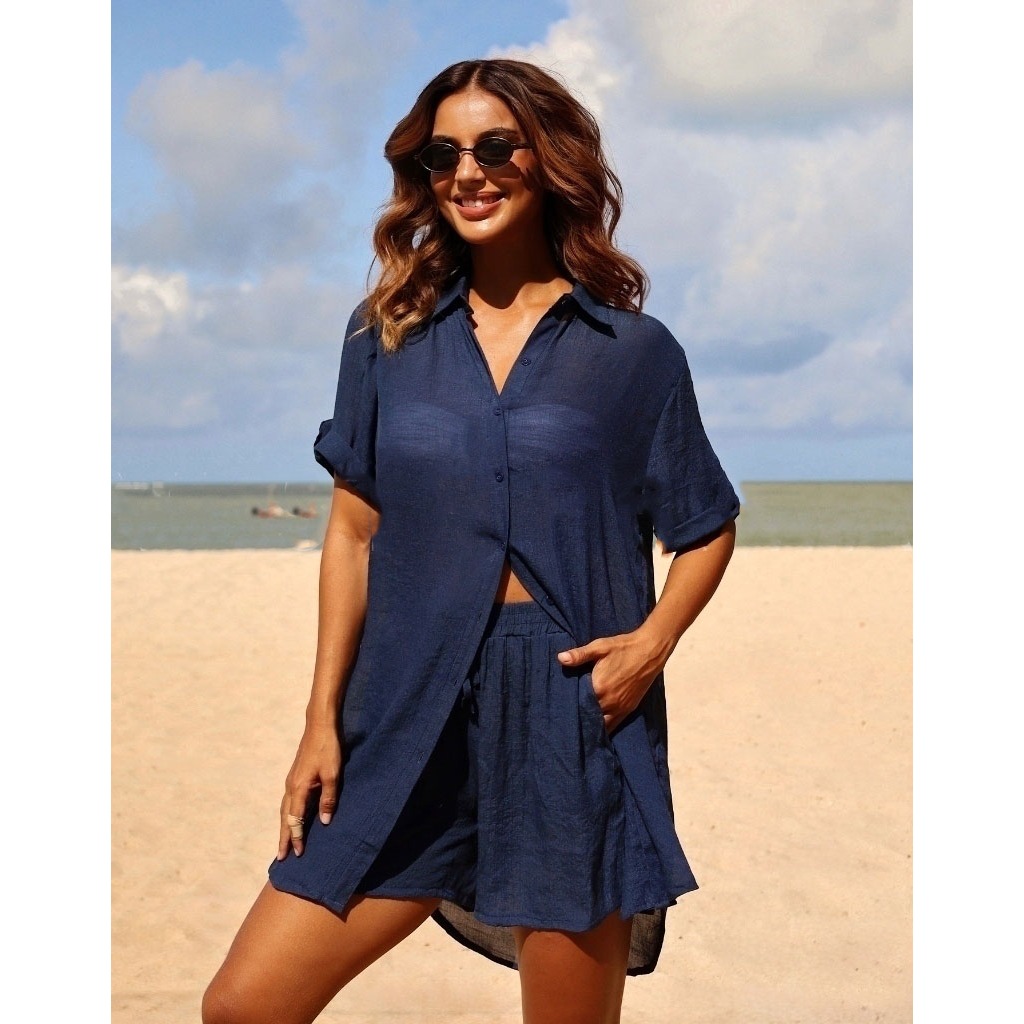 (KIT2) Saída de praia feminina, camisa lisa com shorts com cordão, peça essencial para o verão na praia, Frete grátis. em Oferta na Shopee