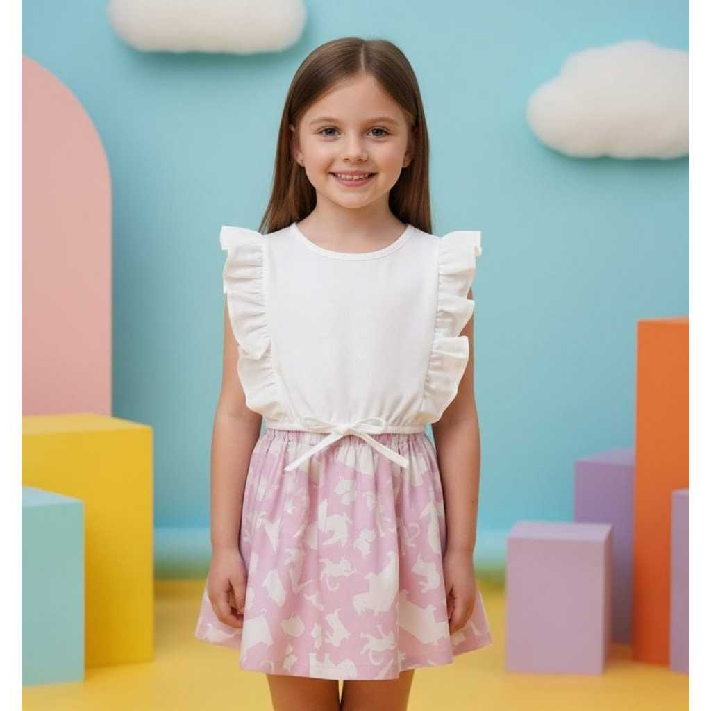 Conjunto Infantil Feminino Roupa Menina Verão Blusinha Branca Babado Saia Estampada Casual