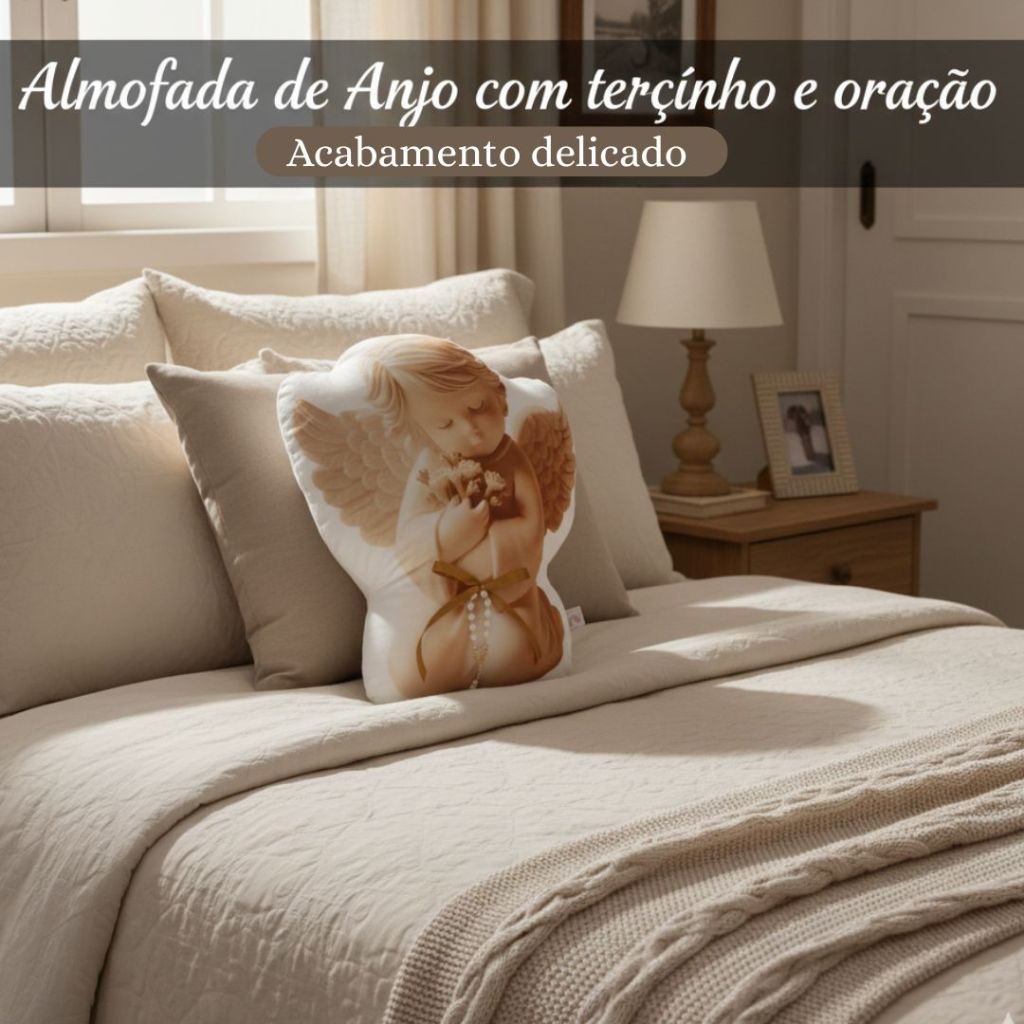 Almofada Anjo da Guarda Oração com Terço | Delicado e Alta Qualidade em Oferta na Shopee