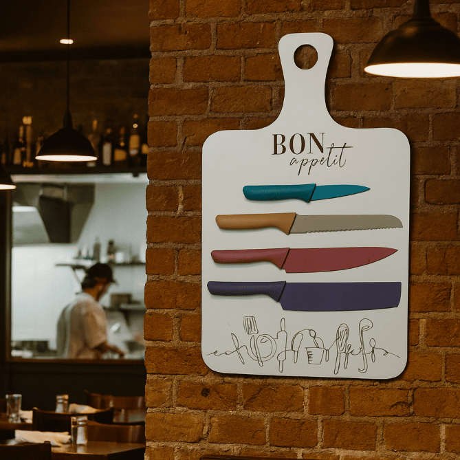 Tábua Decorativa BON Appetit com 4 Facas Coloridas Tabua Decoração de Cozinha Moderna Peça para Parede Ideal Restaurante