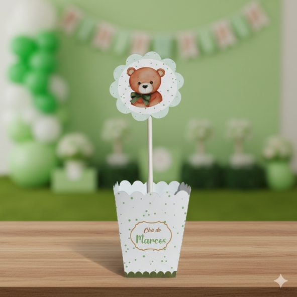 Centro de mesa personalizado Lembrancinha de mesa Cachepo personalizado Chá de bebê ursinho verde  PEGUE E MONTE