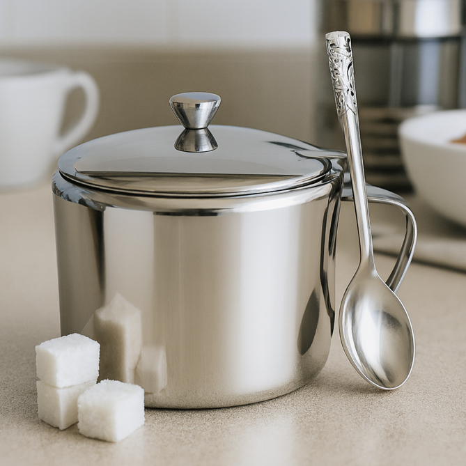 Açucareiro Em Aço Inox Com Colher Tampa e Alça Linha Luxo