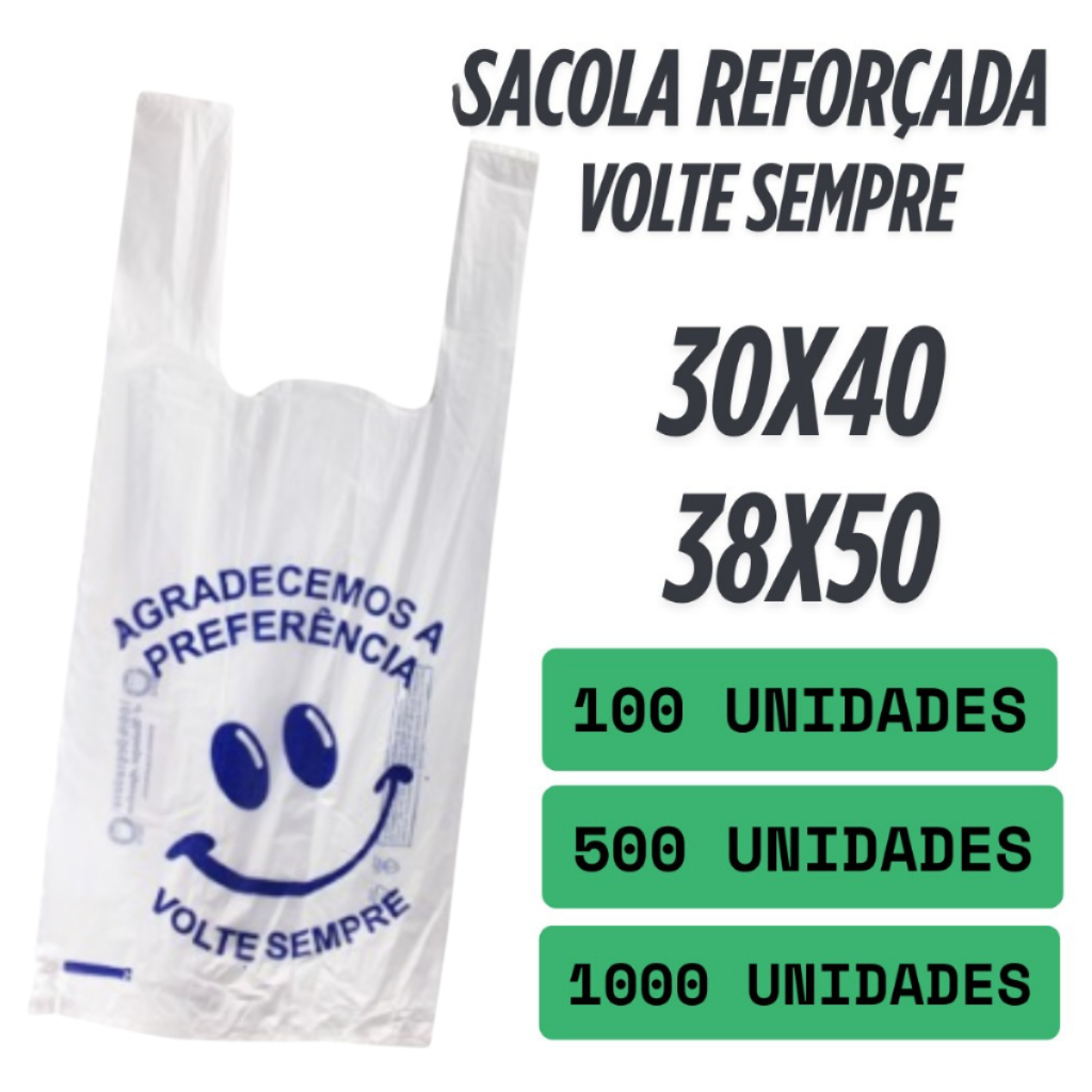 Sacola Plástica 38x50 reforçada. Volte Sempre 30x40 Pacote c/ 100 , 500 e 1000 unidades , Sacola mercado
