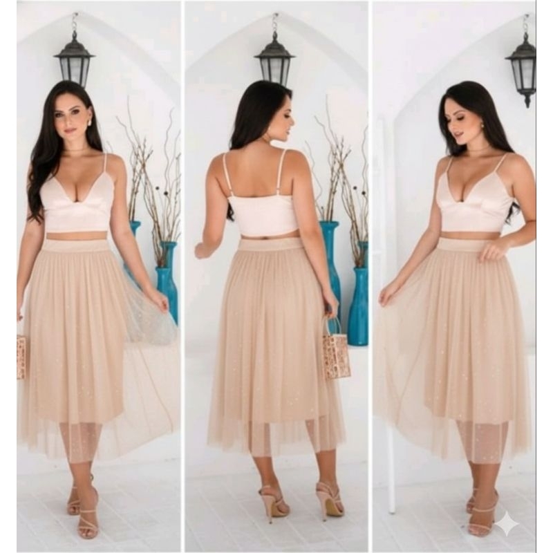 Saia Tule De Brilho Lisa MIdi BIlhosa Moda evangélica cristã modesta em Oferta na Shopee
