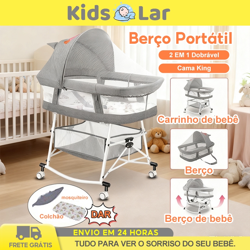 Cama de Bebê Portátil  Berço de Viagem Dobrável com Mosquiteiro e Cadeira de Balanço para Recém-nascidos