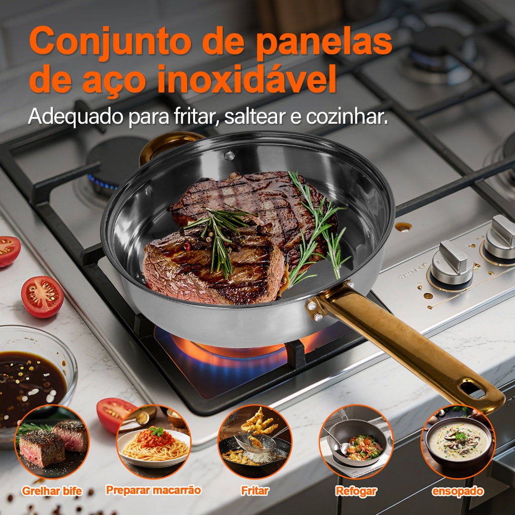 KIT 6 Panelas Aço Inox Com Tampa De Vidro Temperado Cozinha Conjunto - Para Panelas Em Premium