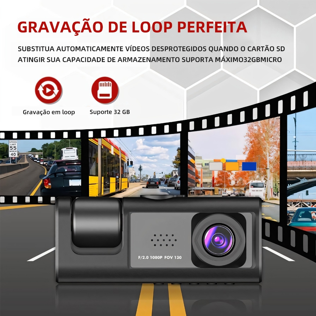 Nova câmera de painel de carro HD 1080P, câmera de 3 lentes, gravador DVR, câmera de direção su
