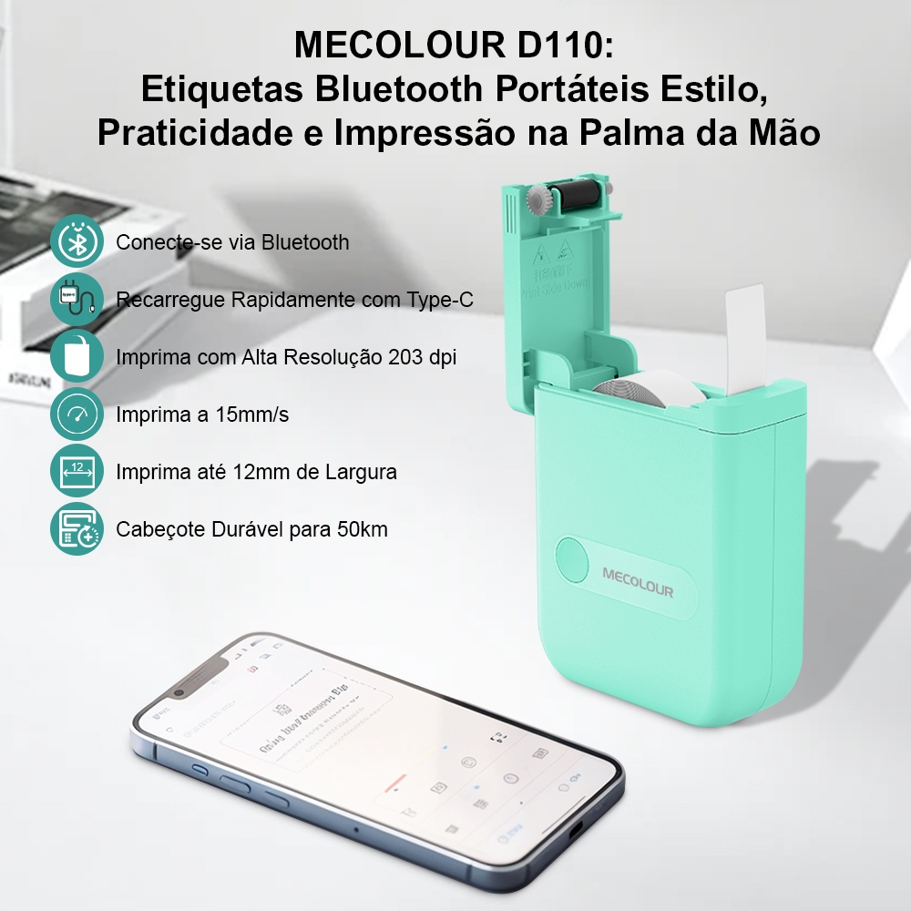 Detalhes do Impressora De Etiqueta D110 Impressora Térmicas Portátil Bluetooth Mecolour Com 1 Rolo Adesivo Etiquetas