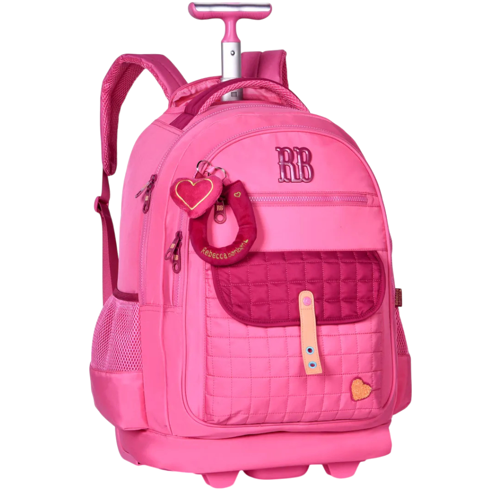 Mochila de Rodinhas Rebecca Bonbon Rosa Original + Chaveiro | Escolar Premium Original Clio