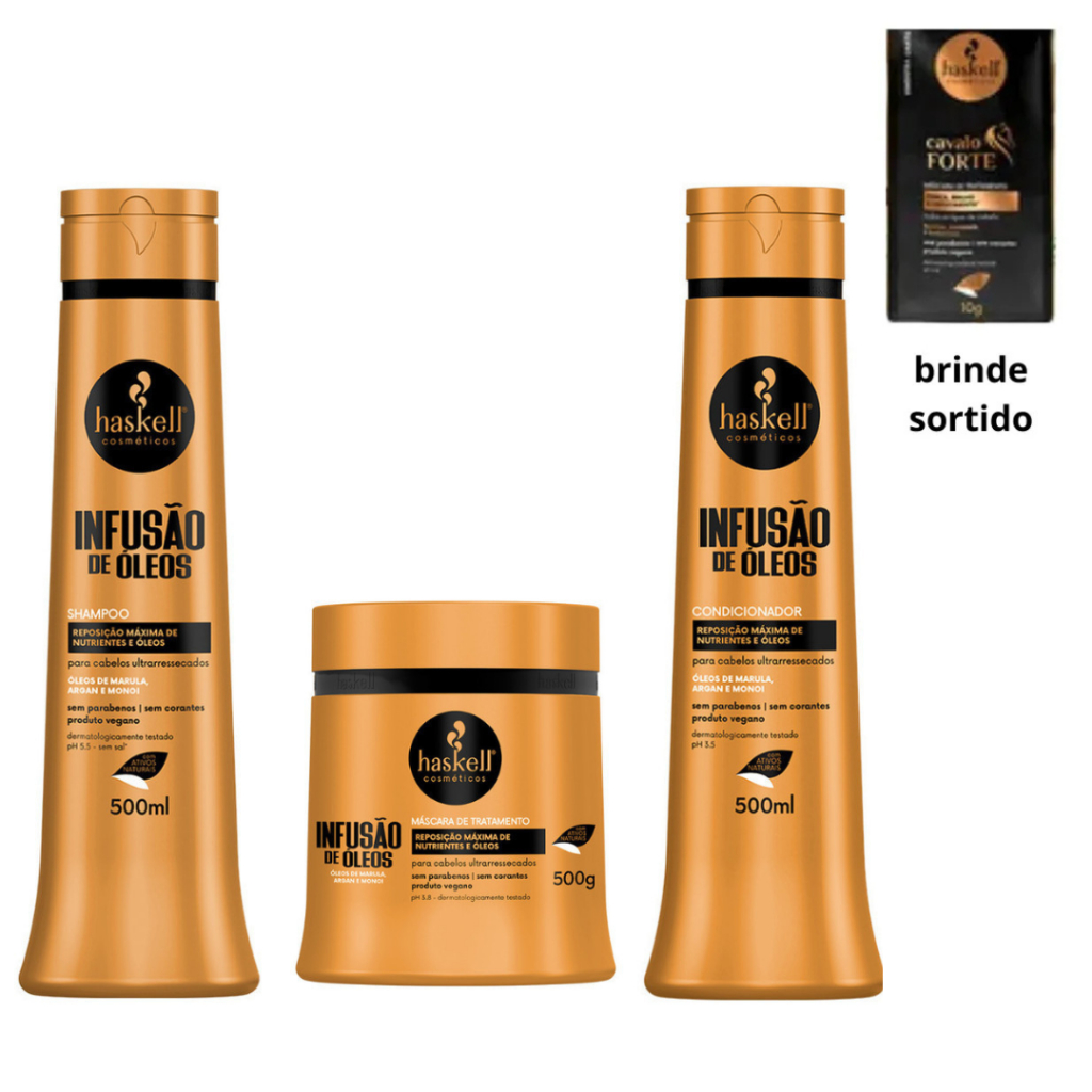 Kit Shampoo + Condicionador 500ml + Máscara 500g Infusão de Óleos Haskell Marula Argan e Monoi
